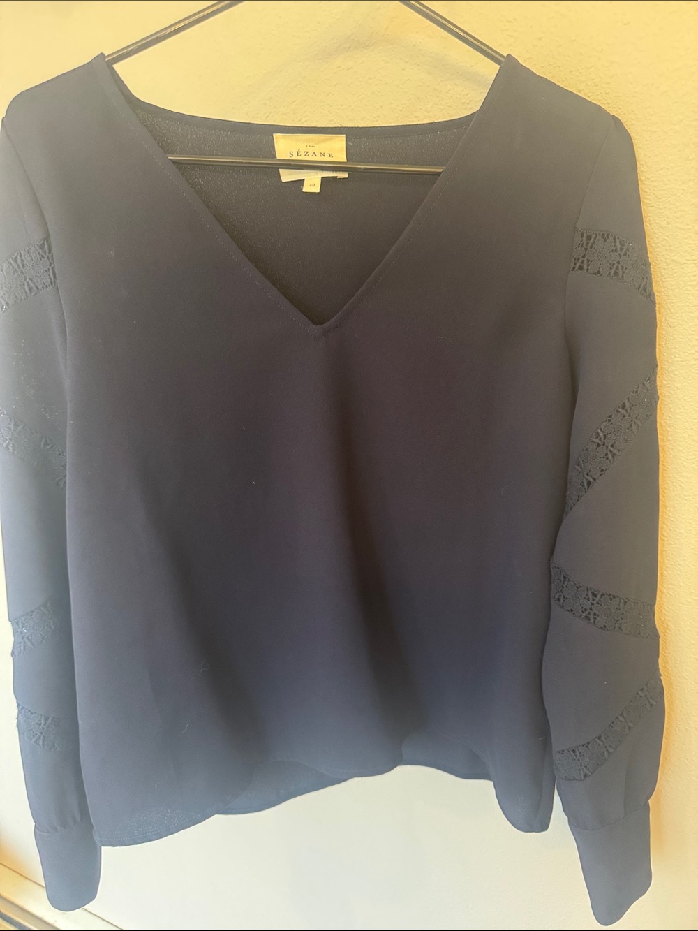 Sezane Navy V-Neck Blouse with Lace-Trim Sleeves